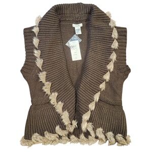 NWT CACHE FAUX FUR TRIM CROP BROWN KNIT SWEATER VEST SIZE S